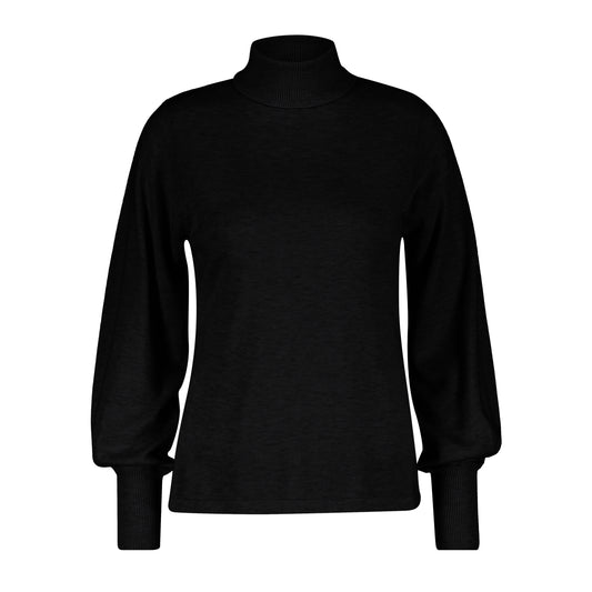 Conker Boutique Red Button Sweet Roll Neck Puff Sleeve Jumper in Black Front View