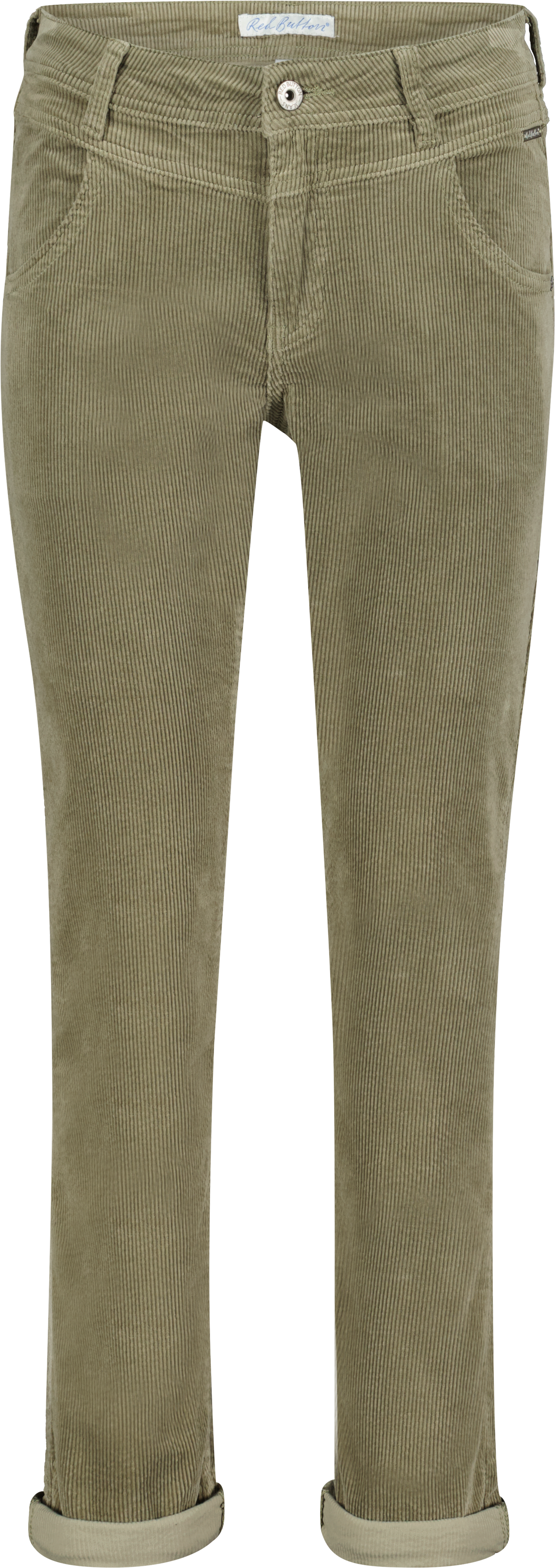 Conker Boutique Red Button Sienna Corduroy Jeans in Sage. Front View