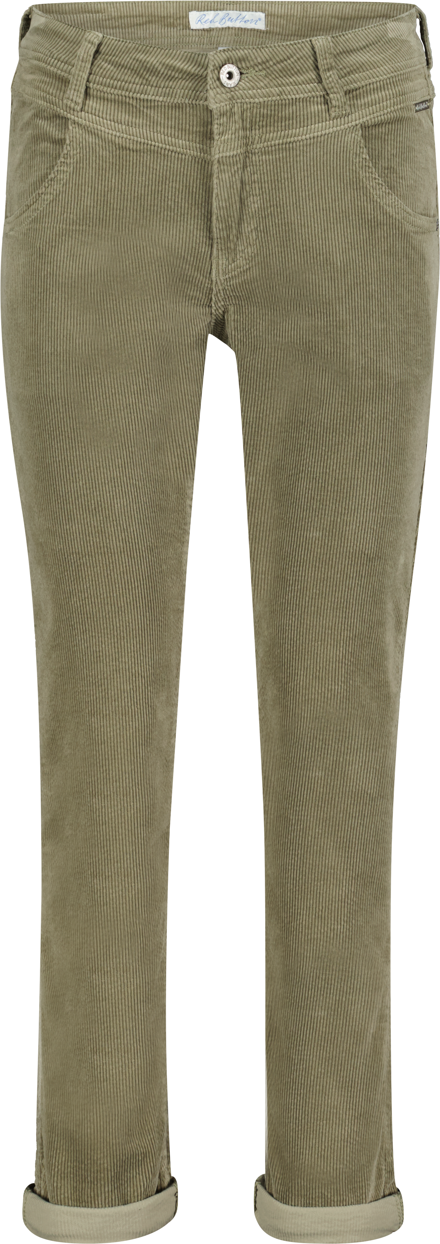 Conker Boutique Red Button Sienna Corduroy Jeans in Sage. Front View