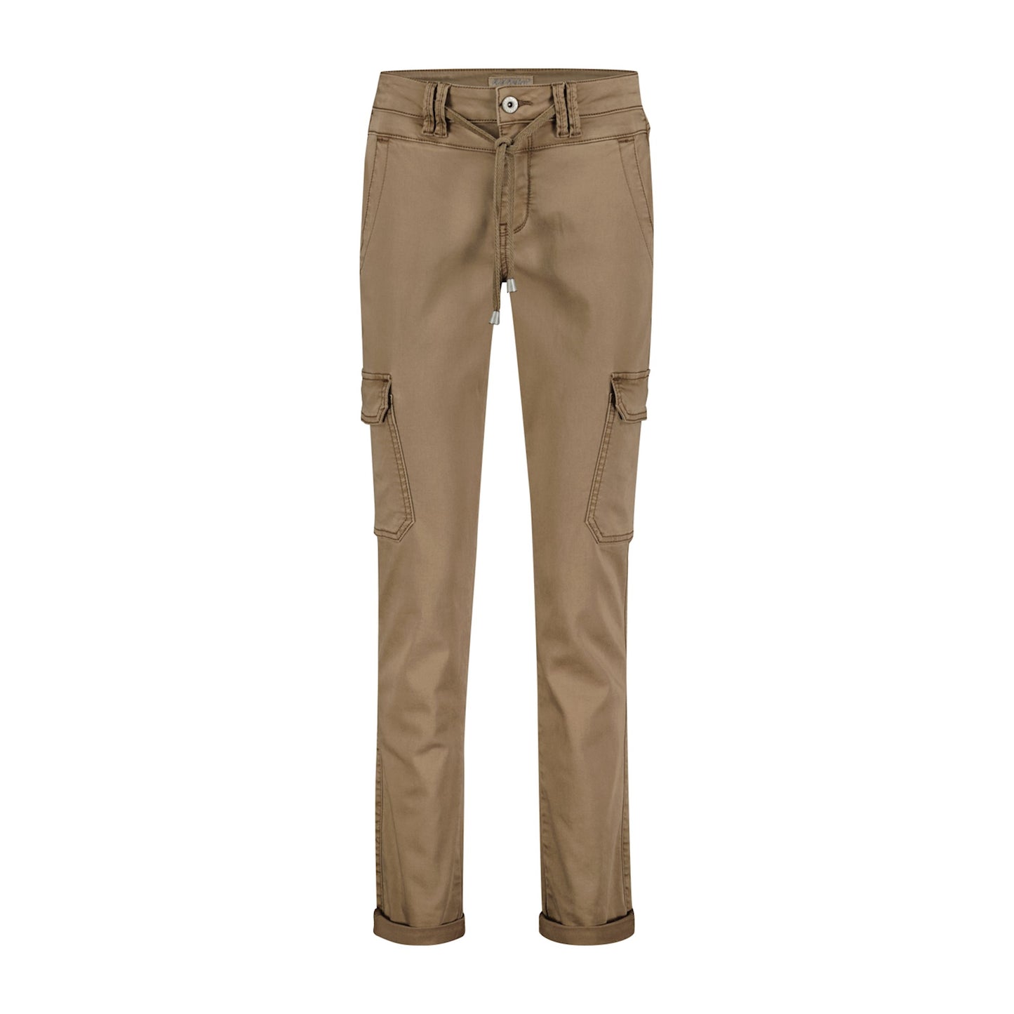Conker Boutique Red Button Cargo Trousers in Taupe Front View