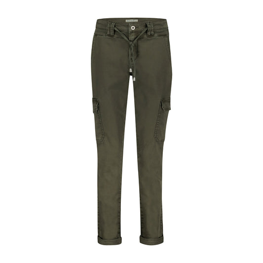 Conker Boutique Red Button Cargo Pant in Dark Green Front View
