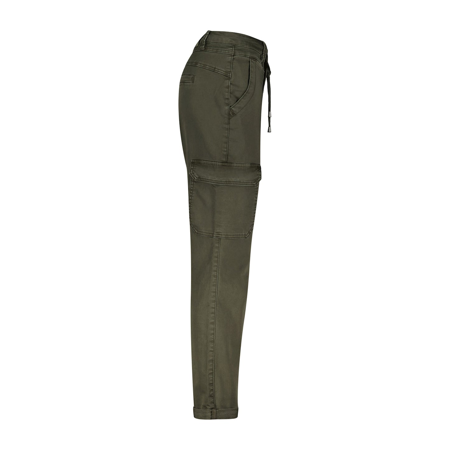 Conker Boutique Red Button Cargo Trousers in Dark Green Side View