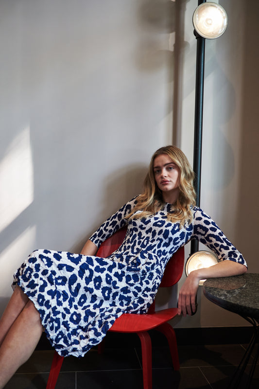 Conker Boutique Alquema smash dress in indigo leopard